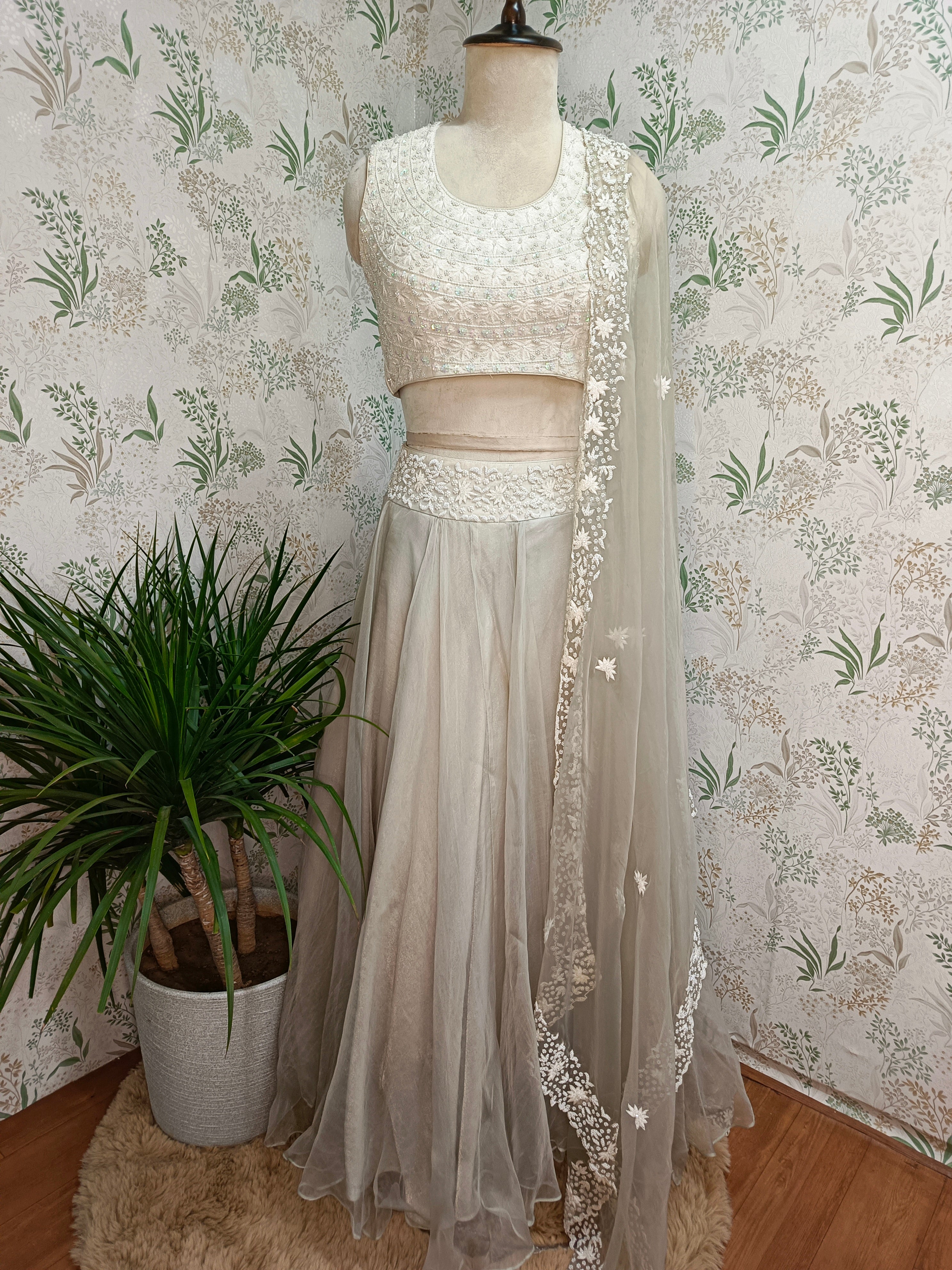 Pure sole beads embroidery white lehenga