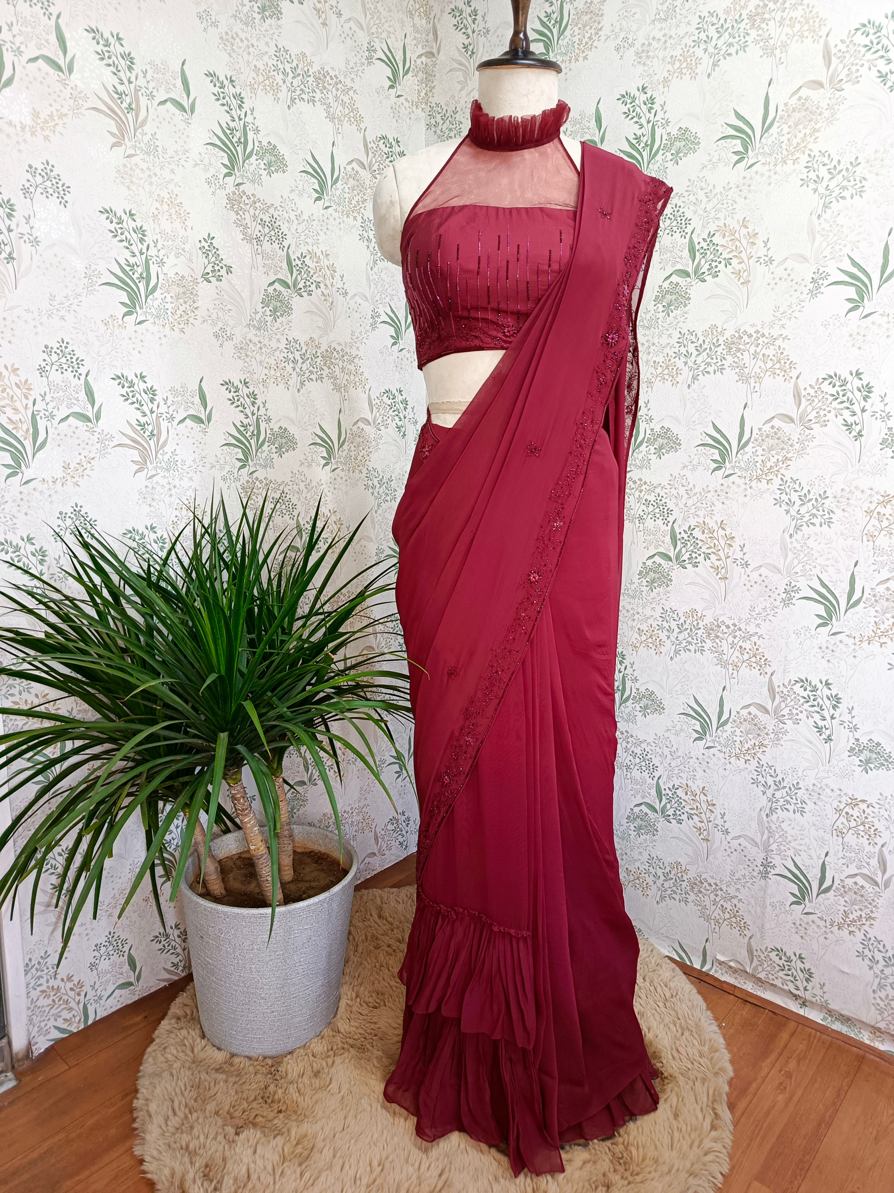 Rose wood ruffle saree