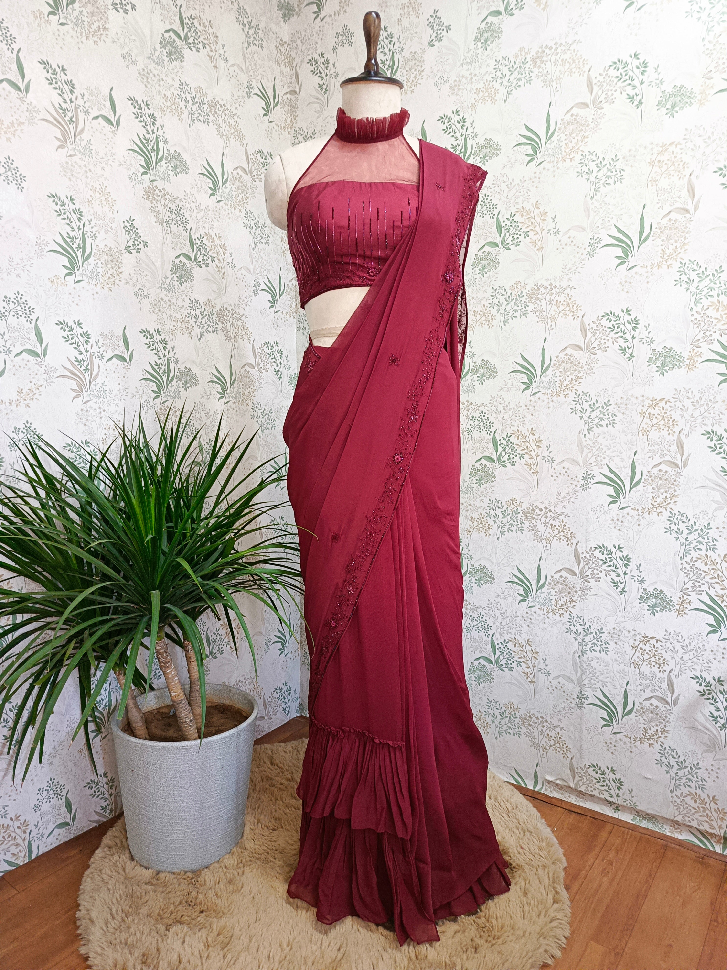 Rose wood ruffle saree