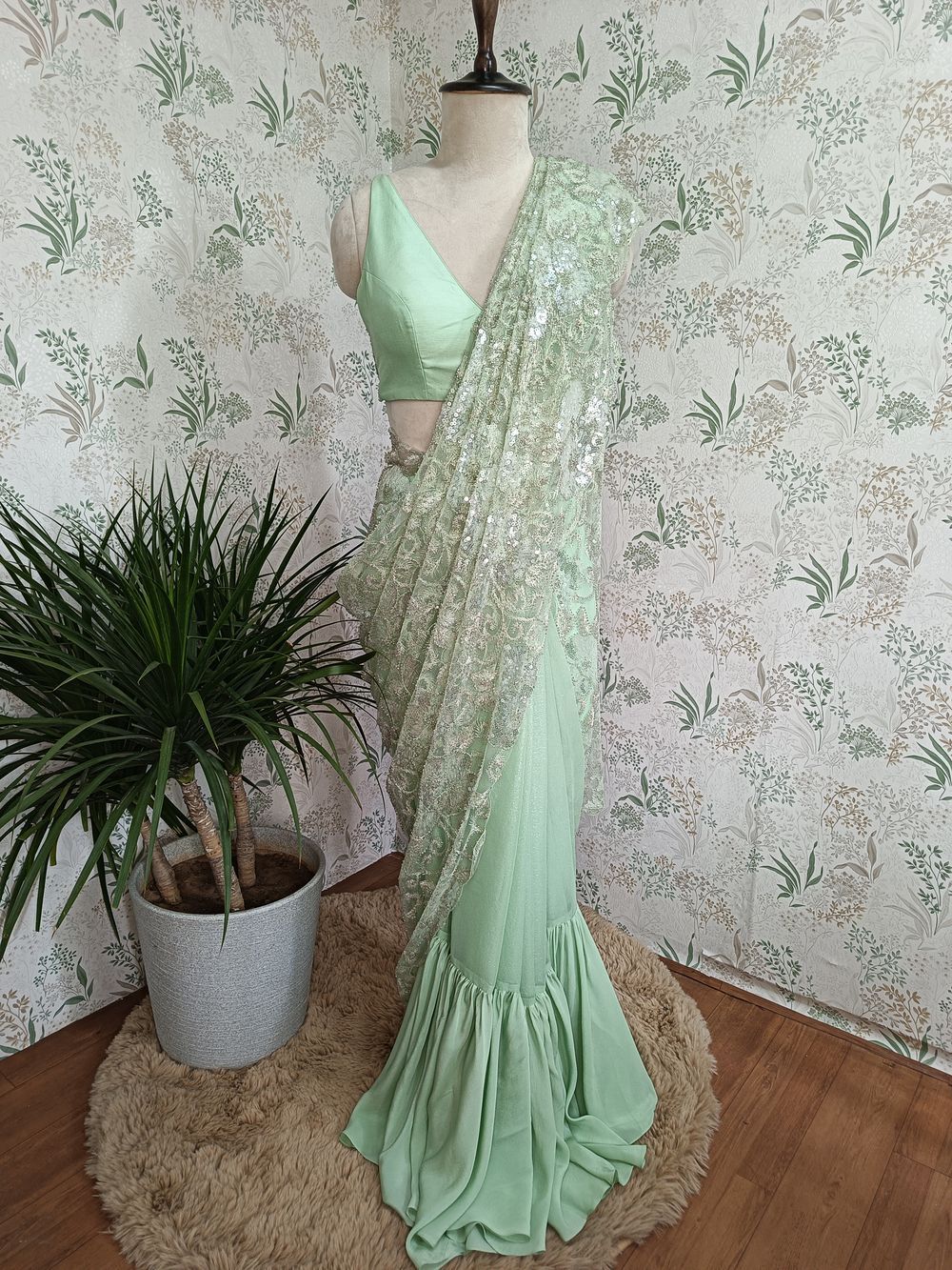 Sage green ruffle saree