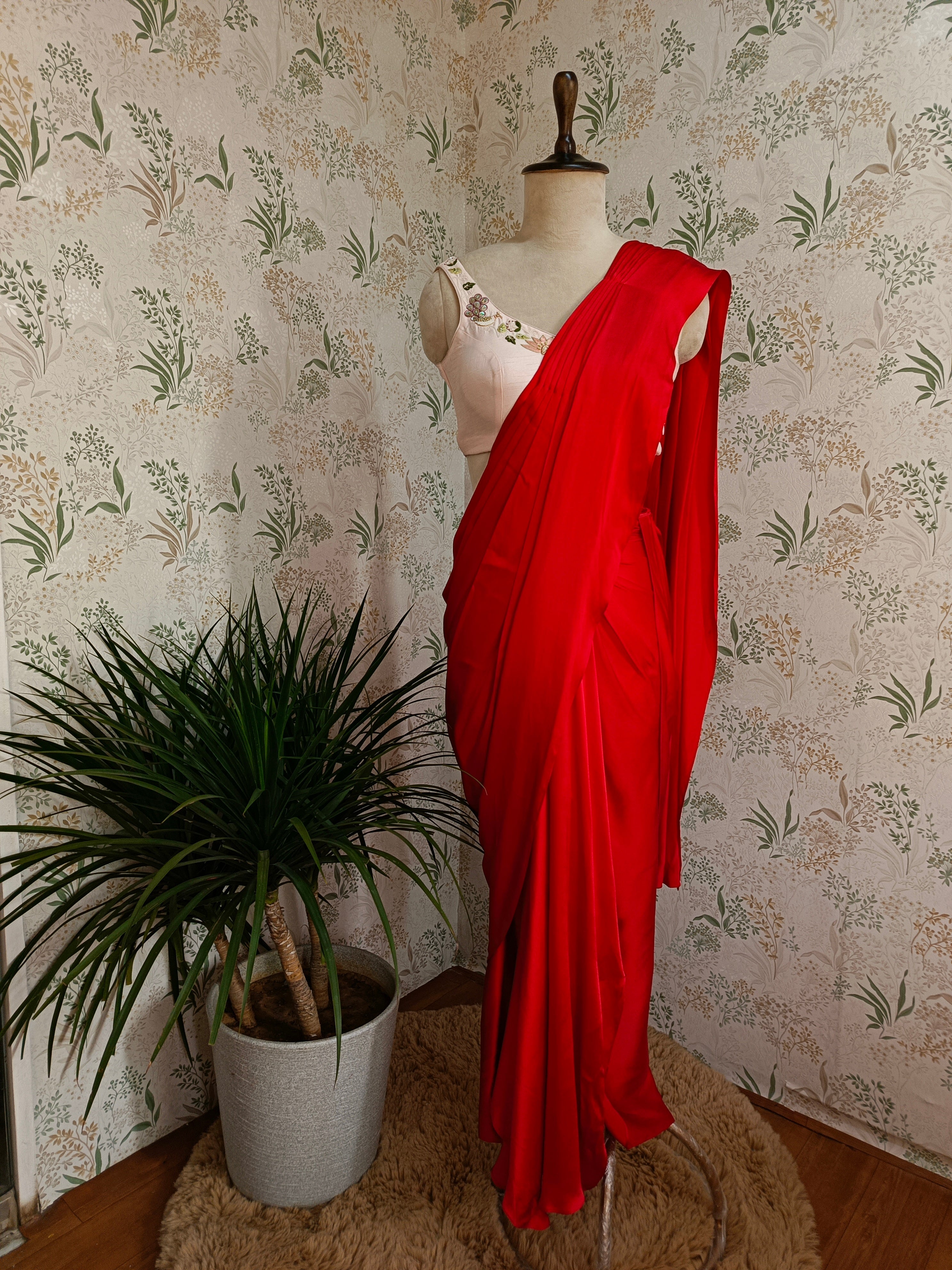 Rose red drape saree