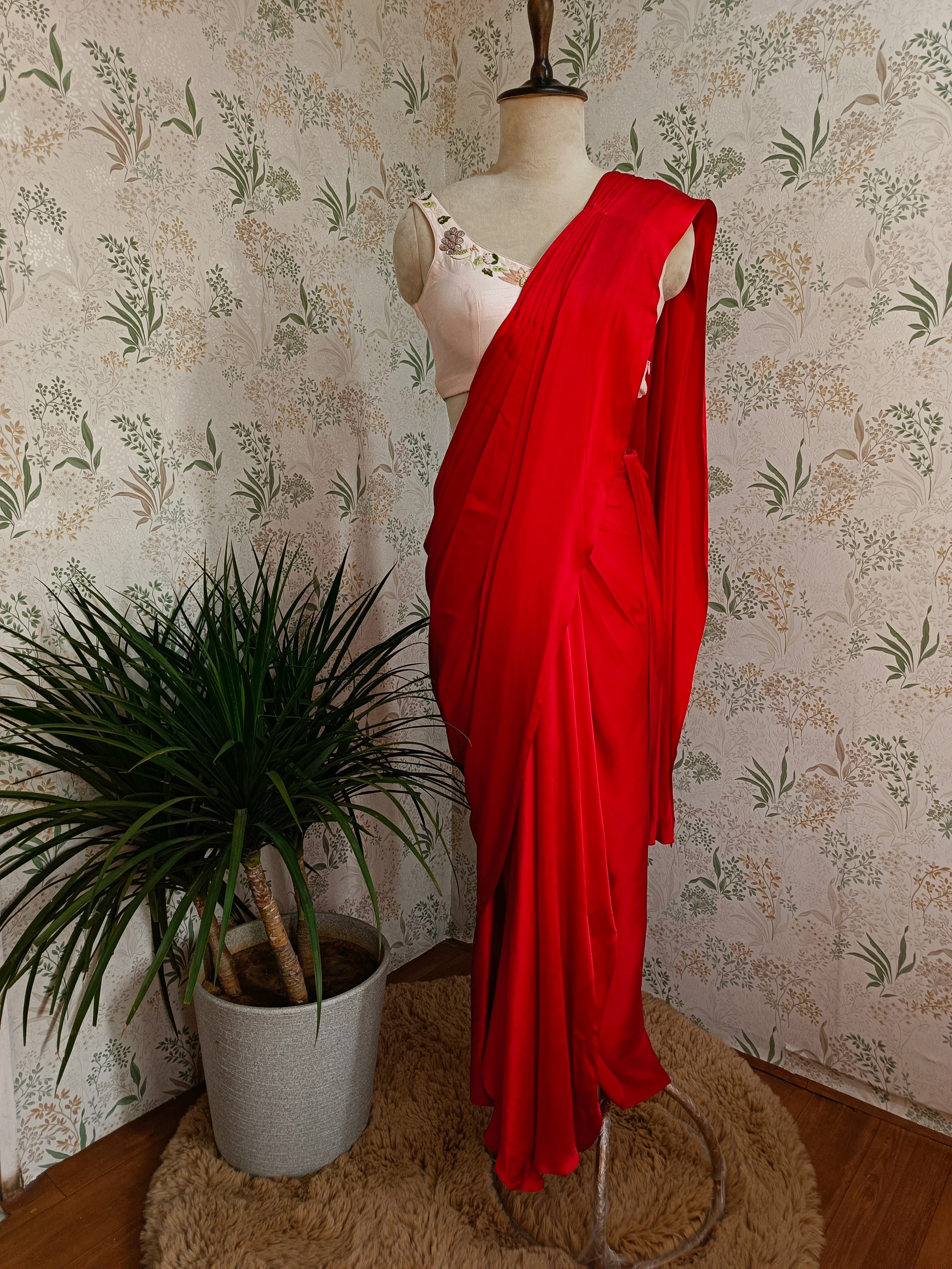 Rose red drape saree