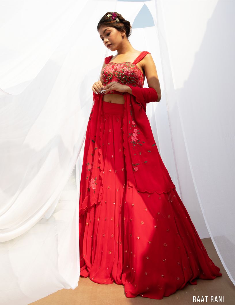 Raat Rani Lehenga in Red Georgette/Silk